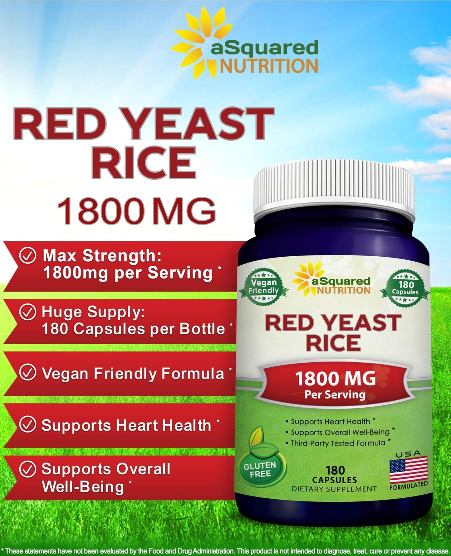aSquared Nutrition Red Yeast Rice 1800mg - Dietary Supplement Vegan Powder Pills to Support Cardiovascular Health - 180 Veggie Capsules - dailyvitalstore