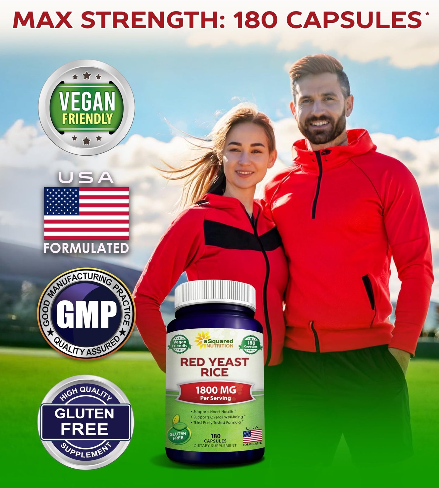 aSquared Nutrition Red Yeast Rice 1800mg - Dietary Supplement Vegan Powder Pills to Support Cardiovascular Health - 180 Veggie Capsules - dailyvitalstore