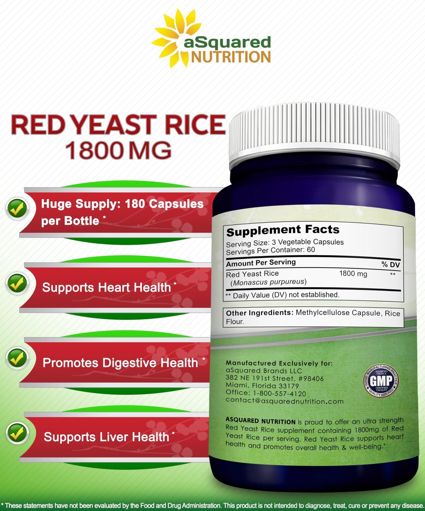 aSquared Nutrition Red Yeast Rice 1800mg - Dietary Supplement Vegan Powder Pills to Support Cardiovascular Health - 180 Veggie Capsules - dailyvitalstore
