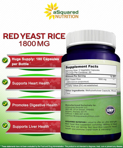 aSquared Nutrition Red Yeast Rice 1800mg - Dietary Supplement Vegan Powder Pills to Support Cardiovascular Health - 180 Veggie Capsules - dailyvitalstore