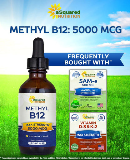 aSquared Nutrition Vitamin B12 Sublingual Liquid Drops - 5000 MCG Supplement with Methylcobalamin (Methyl B-12) - Max Absorption - dailyvitalstore