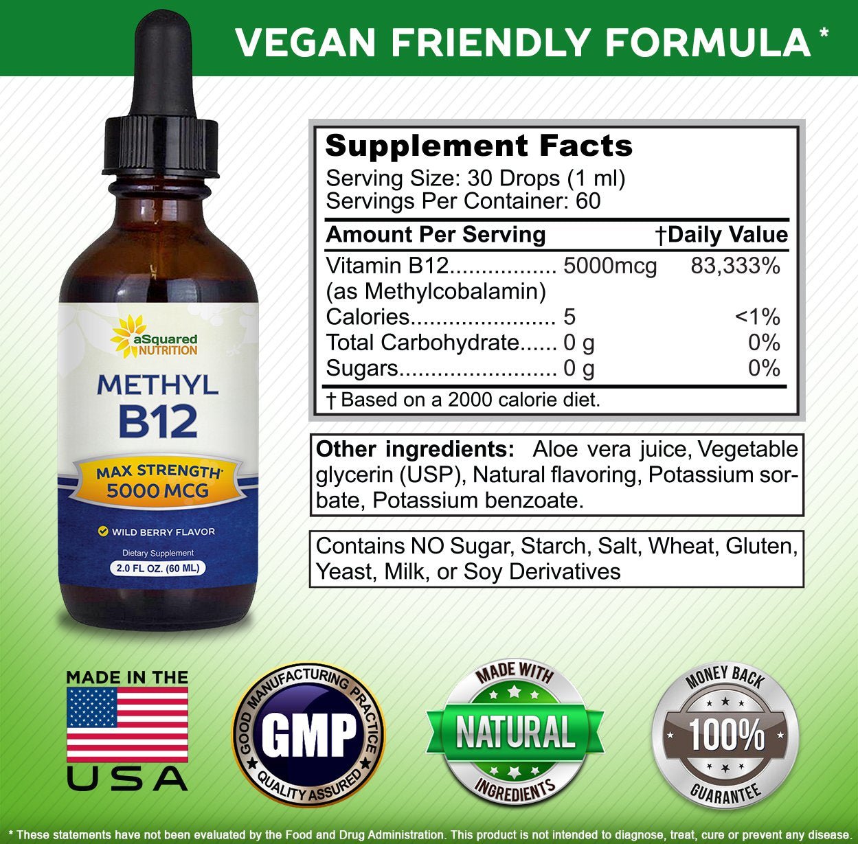 aSquared Nutrition Vitamin B12 Sublingual Liquid Drops - 5000 MCG Supplement with Methylcobalamin (Methyl B-12) - Max Absorption - dailyvitalstore