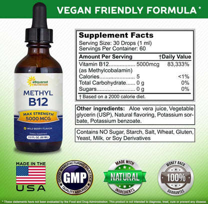 aSquared Nutrition Vitamin B12 Sublingual Liquid Drops - 5000 MCG Supplement with Methylcobalamin (Methyl B-12) - Max Absorption - dailyvitalstore