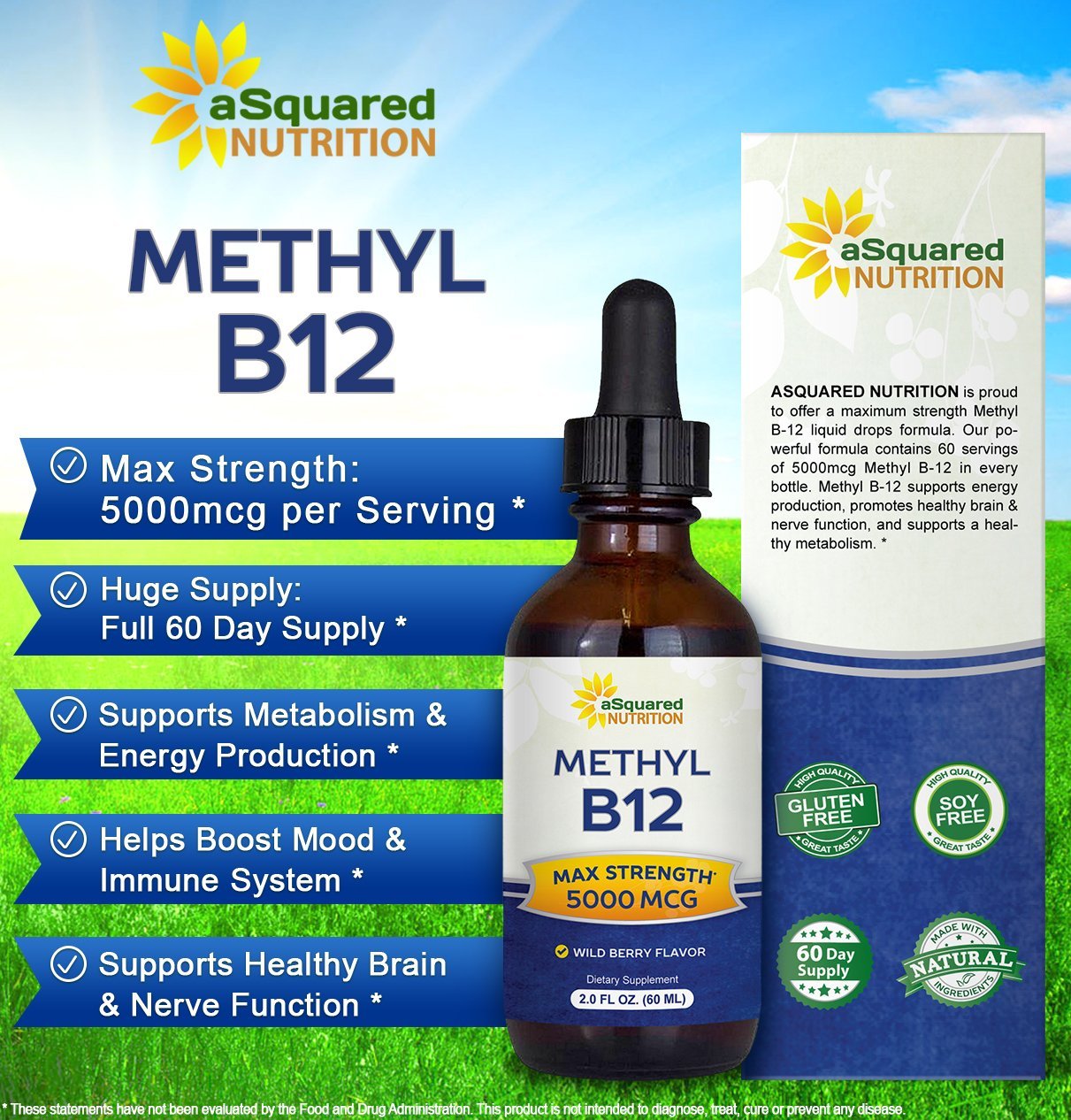 aSquared Nutrition Vitamin B12 Sublingual Liquid Drops - 5000 MCG Supplement with Methylcobalamin (Methyl B-12) - Max Absorption - dailyvitalstore