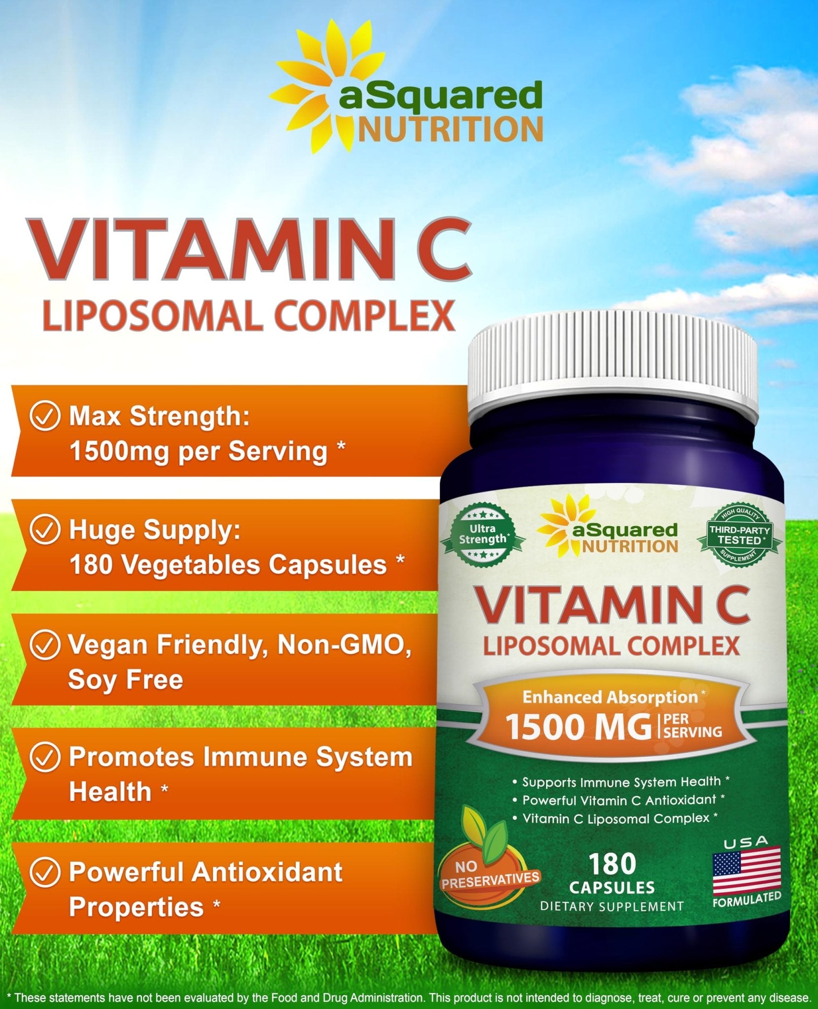 aSquared Nutrition Vitamin C Liposomal Complex - 1500mg Supplement - 180 Capsules - High Absorption VIT C Ascorbic Acid Pills - Supports Immune System - dailyvitalstore