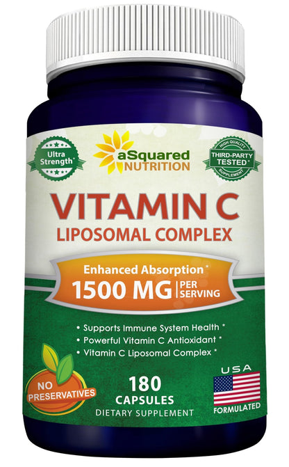 aSquared Nutrition Vitamin C Liposomal Complex - 1500mg Supplement - 180 Capsules - High Absorption VIT C Ascorbic Acid Pills - Supports Immune System - dailyvitalstore