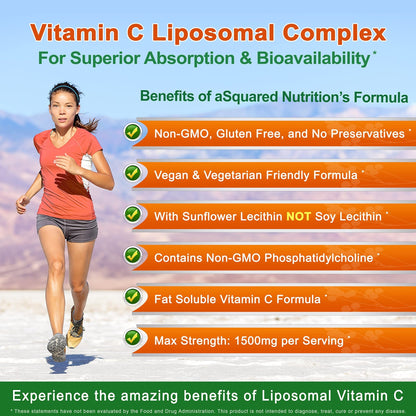 aSquared Nutrition Vitamin C Liposomal Complex - 1500mg Supplement - 180 Capsules - High Absorption VIT C Ascorbic Acid Pills - Supports Immune System - dailyvitalstore