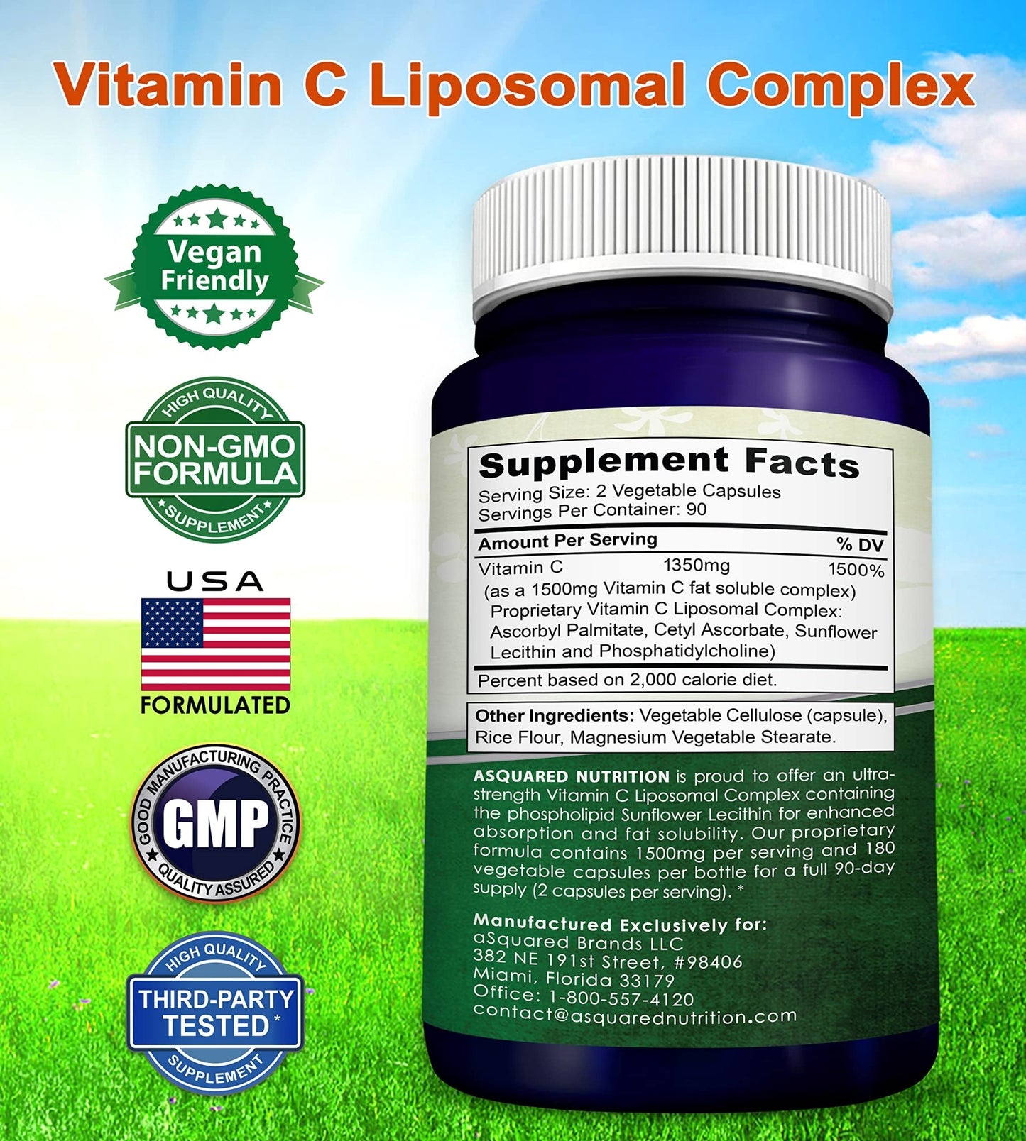 aSquared Nutrition Vitamin C Liposomal Complex - 1500mg Supplement - 180 Capsules - High Absorption VIT C Ascorbic Acid Pills - Supports Immune System - dailyvitalstore