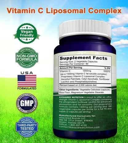 aSquared Nutrition Vitamin C Liposomal Complex - 1500mg Supplement - 180 Capsules - High Absorption VIT C Ascorbic Acid Pills - Supports Immune System - dailyvitalstore
