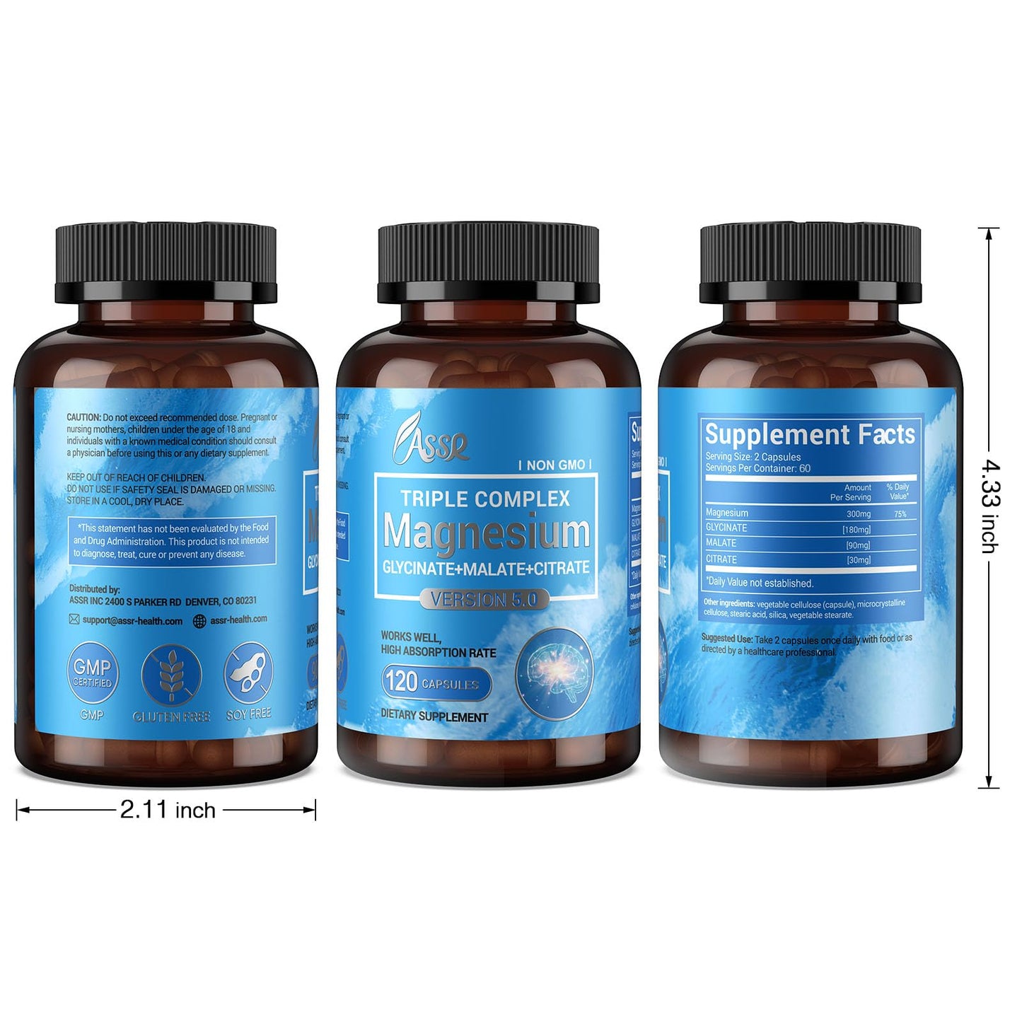 ASSR Triple Magnesium Complex – 300mg Magnesium Supplement with Glycinate, Malate & Citrate – Supports Relaxation, Muscle & Nerve Function – High Absorption, Vegan, Non-GMO, 120 Capsules - dailyvitalstore