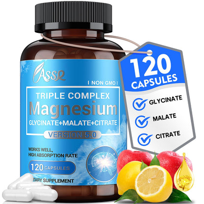 ASSR Triple Magnesium Complex – 300mg Magnesium Supplement with Glycinate, Malate & Citrate – Supports Relaxation, Muscle & Nerve Function – High Absorption, Vegan, Non-GMO, 120 Capsules - dailyvitalstore