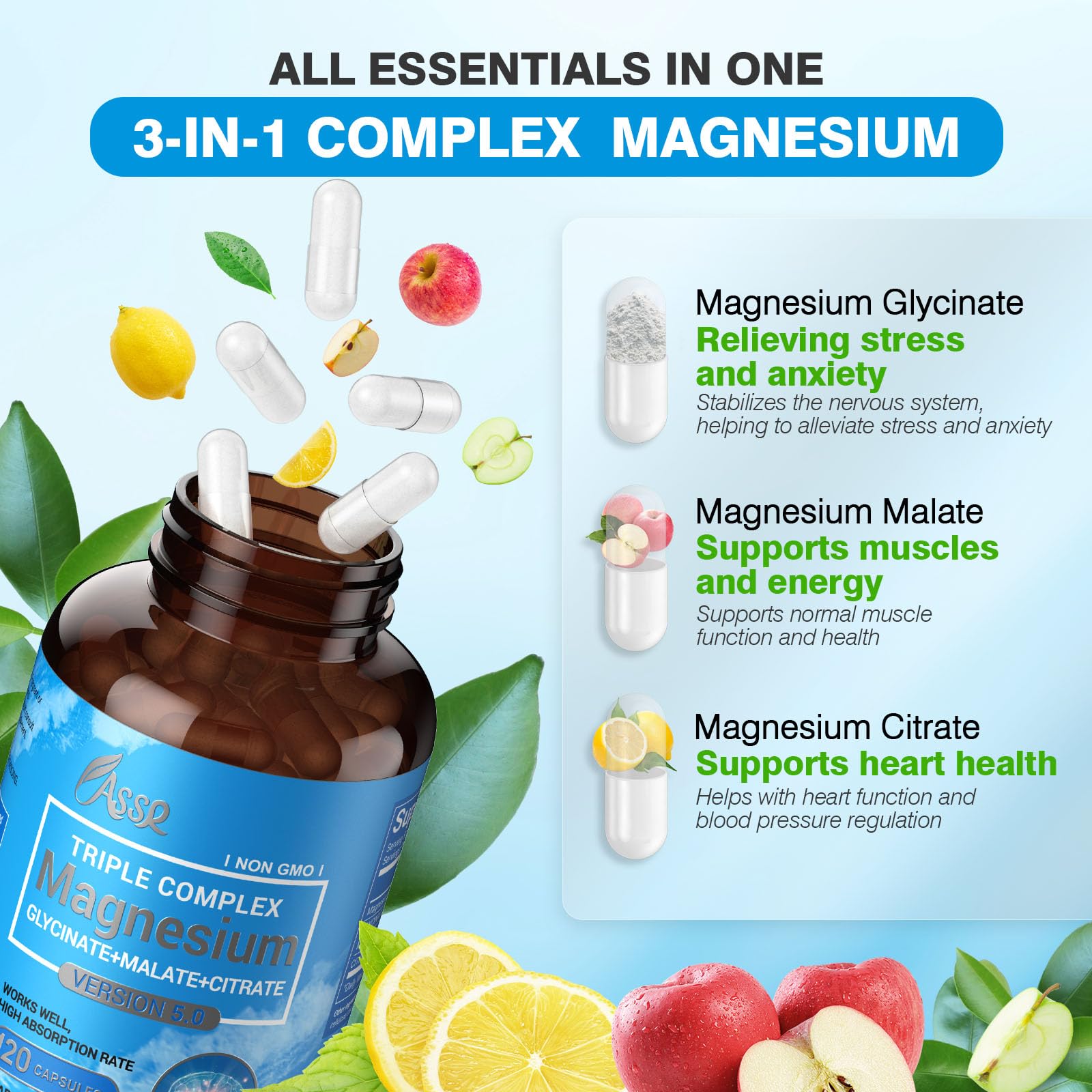 ASSR Triple Magnesium Complex – 300mg Magnesium Supplement with Glycinate, Malate & Citrate – Supports Relaxation, Muscle & Nerve Function – High Absorption, Vegan, Non-GMO, 120 Capsules - dailyvitalstore