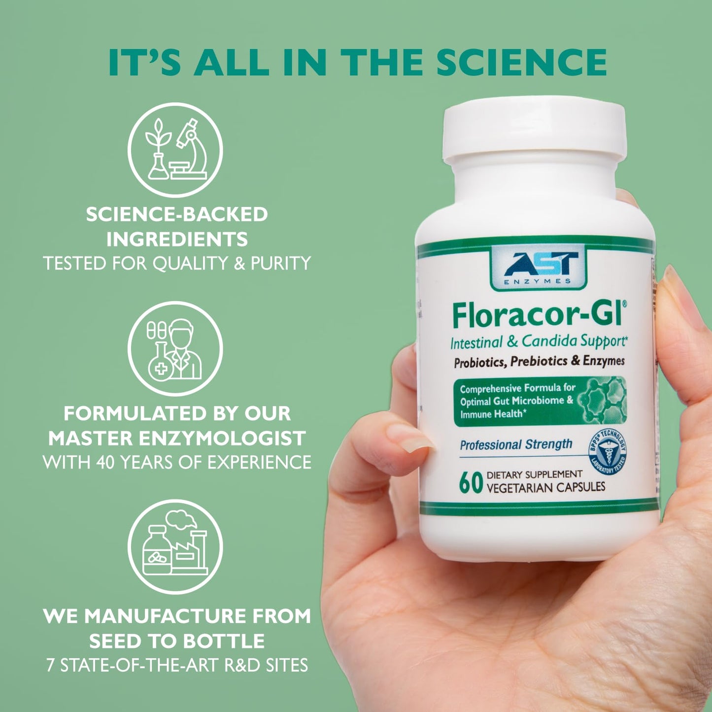 AST Enzymes Floracor - Supports Gut & Intestinal Health - Premium Probiotic, Prebiotic and Enzyme Formula - 60 Vegetarian Capsules - dailyvitalstore