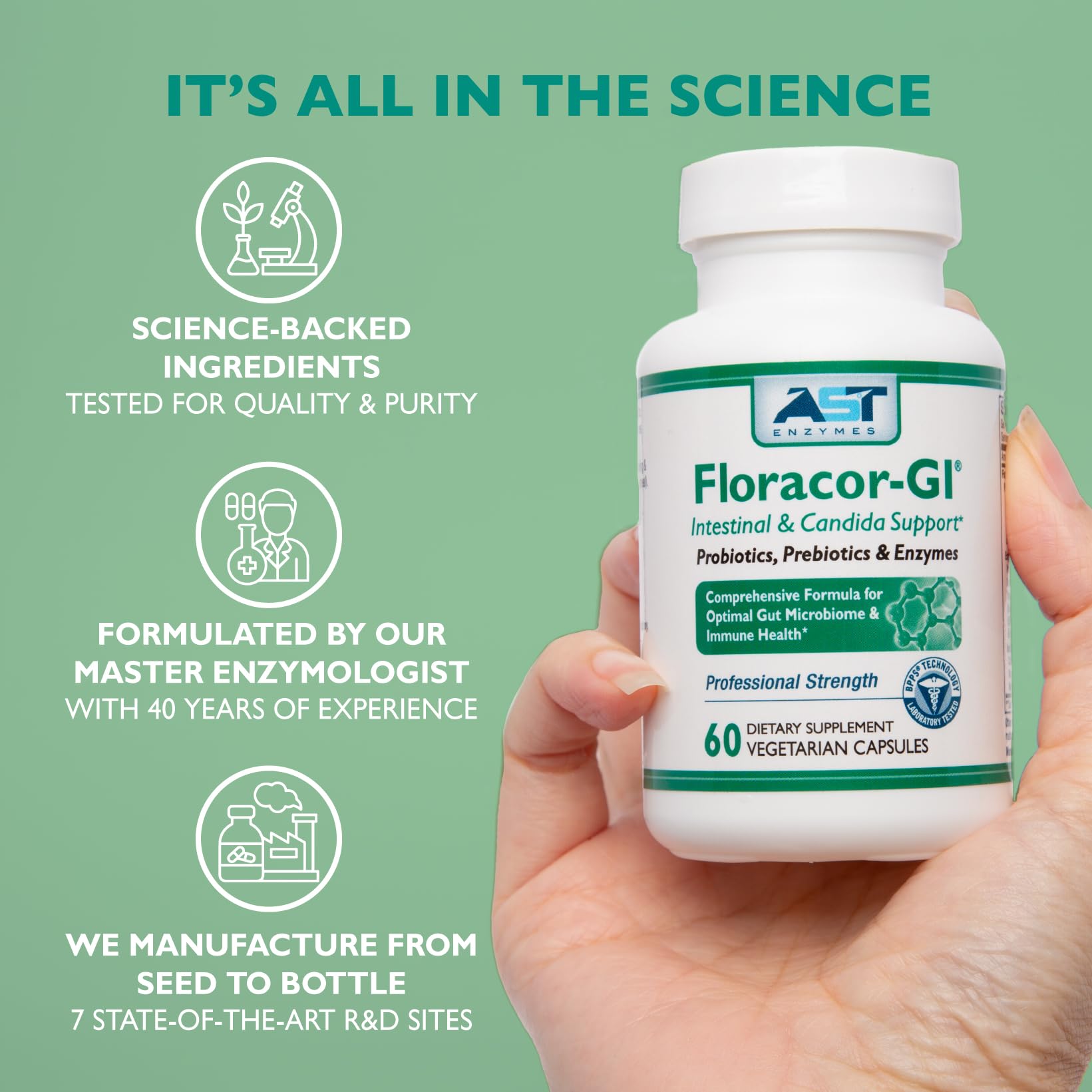 AST Enzymes Floracor - Supports Gut & Intestinal Health - Premium Probiotic, Prebiotic and Enzyme Formula - 60 Vegetarian Capsules - dailyvitalstore