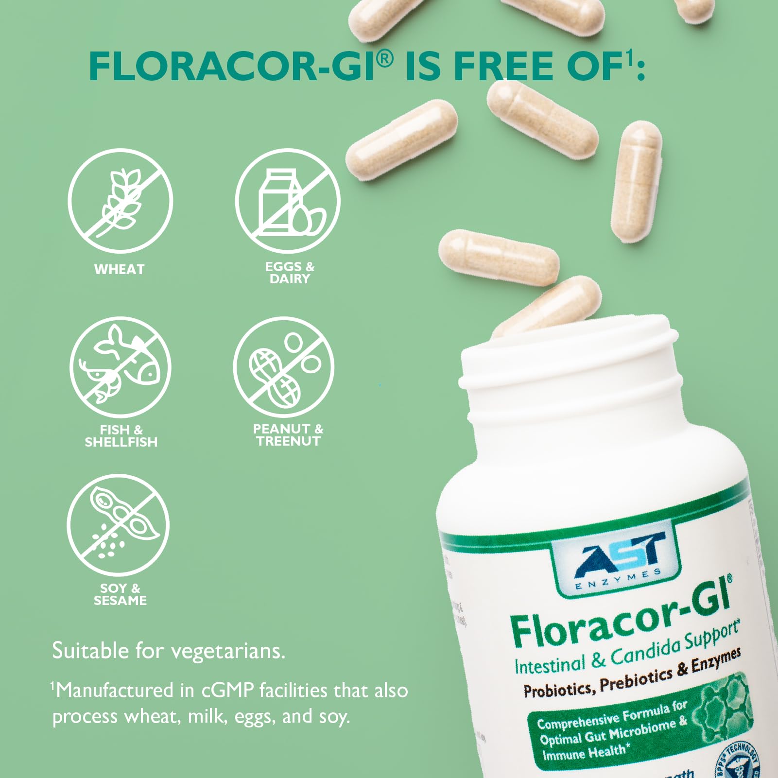 AST Enzymes Floracor - Supports Gut & Intestinal Health - Premium Probiotic, Prebiotic and Enzyme Formula - 60 Vegetarian Capsules - dailyvitalstore