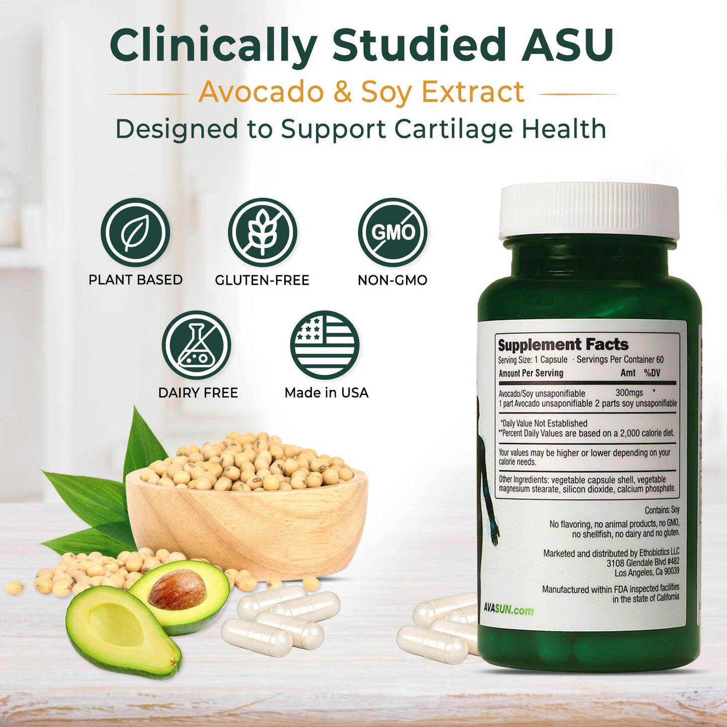 ASU Joint Support Supplement – 300mg Avocado Soy Unsaponifiables for Joint Comfort, Mobility & Cartilage Health, Clinically Studied, Plant-Based, Non-GMO, Gluten-Free, 60 Capsules (6 Month Supply) - dailyvitalstore