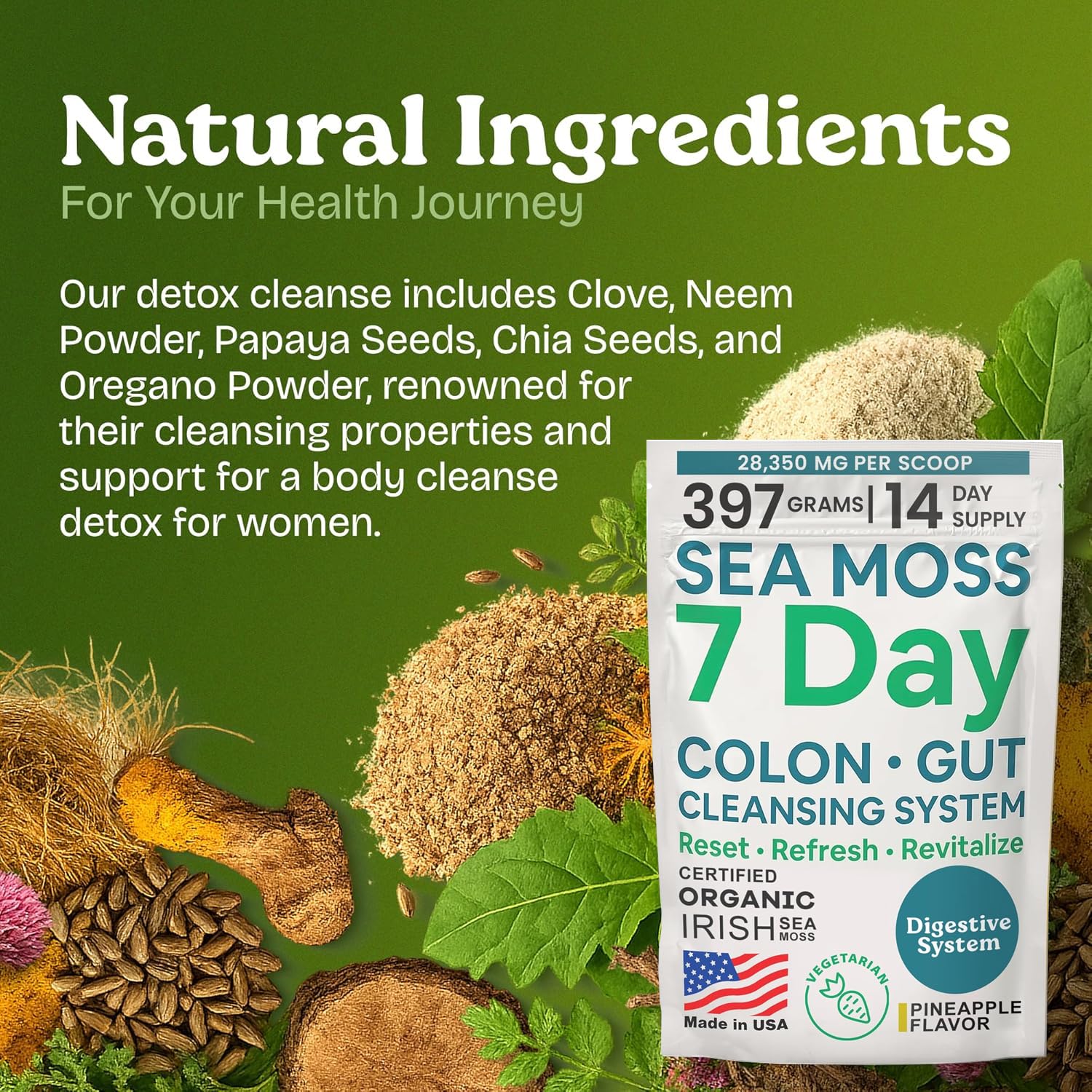 Atlantic Naturals Sea Moss 7-Colon Cleanse Powder | Formulated with Psyllium Husk, Fiber, & Senna Powder | Supports Immune & Gut Health for Women & Men, Pineapple Flavor Drink Mix, 14 oz - dailyvitalstore