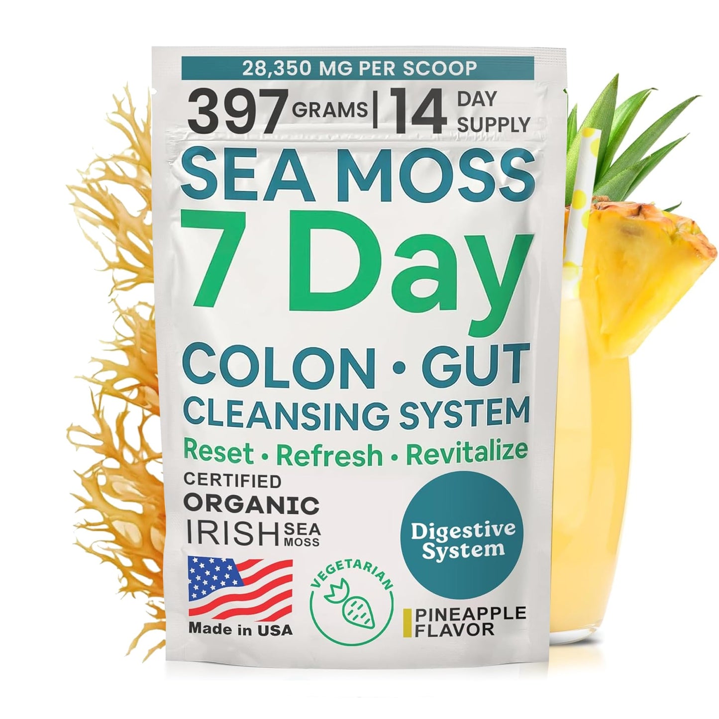 Atlantic Naturals Sea Moss 7-Colon Cleanse Powder | Formulated with Psyllium Husk, Fiber, & Senna Powder | Supports Immune & Gut Health for Women & Men, Pineapple Flavor Drink Mix, 14 oz - dailyvitalstore