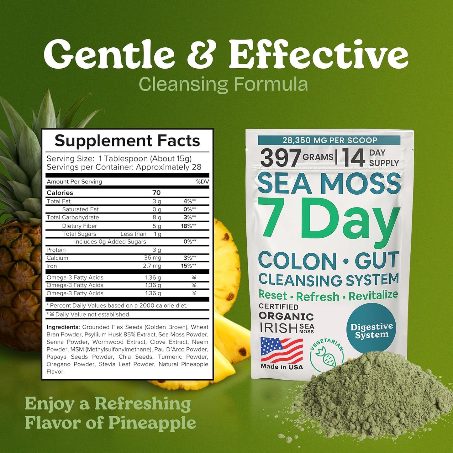 Atlantic Naturals Sea Moss 7-Colon Cleanse Powder | Formulated with Psyllium Husk, Fiber, & Senna Powder | Supports Immune & Gut Health for Women & Men, Pineapple Flavor Drink Mix, 14 oz - dailyvitalstore