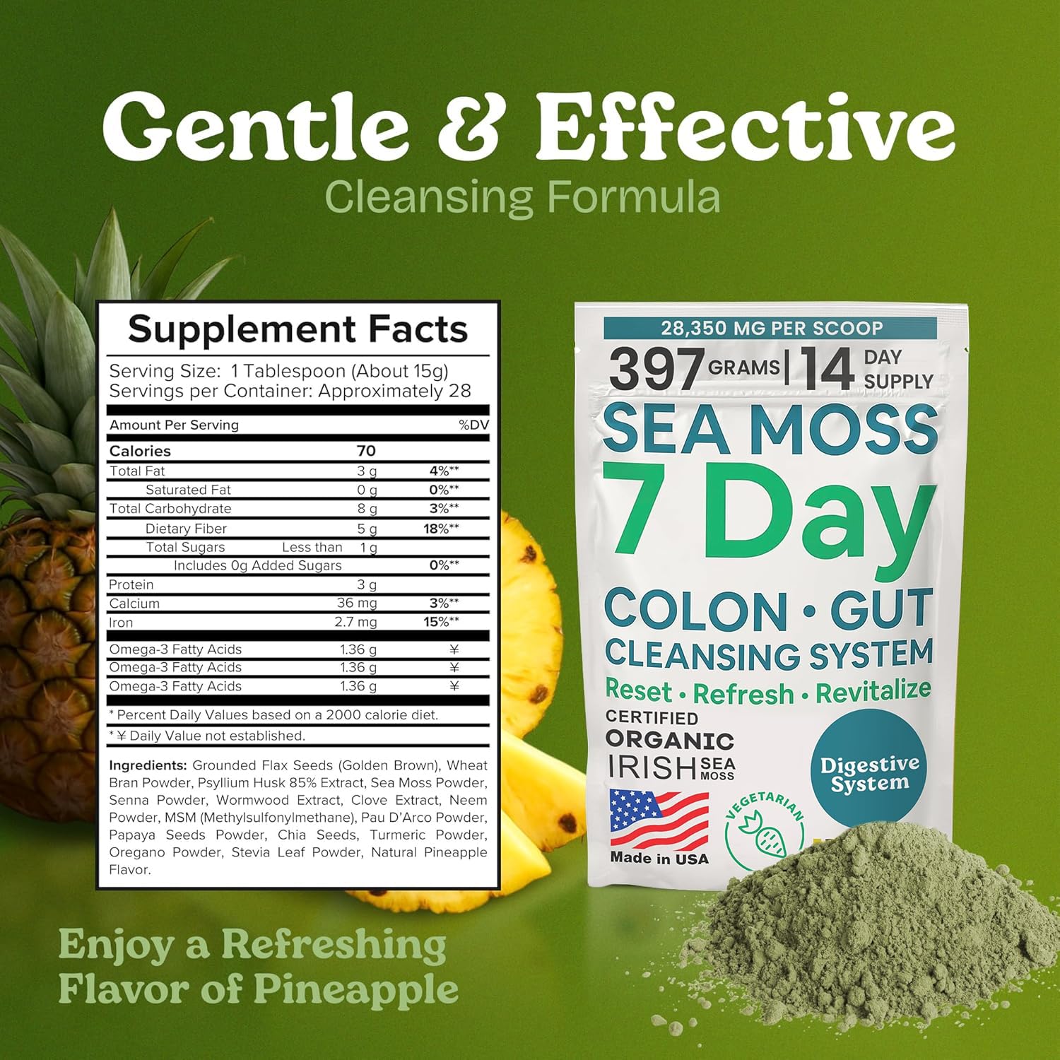 Atlantic Naturals Sea Moss 7-Colon Cleanse Powder | Formulated with Psyllium Husk, Fiber, & Senna Powder | Supports Immune & Gut Health for Women & Men, Pineapple Flavor Drink Mix, 14 oz - dailyvitalstore