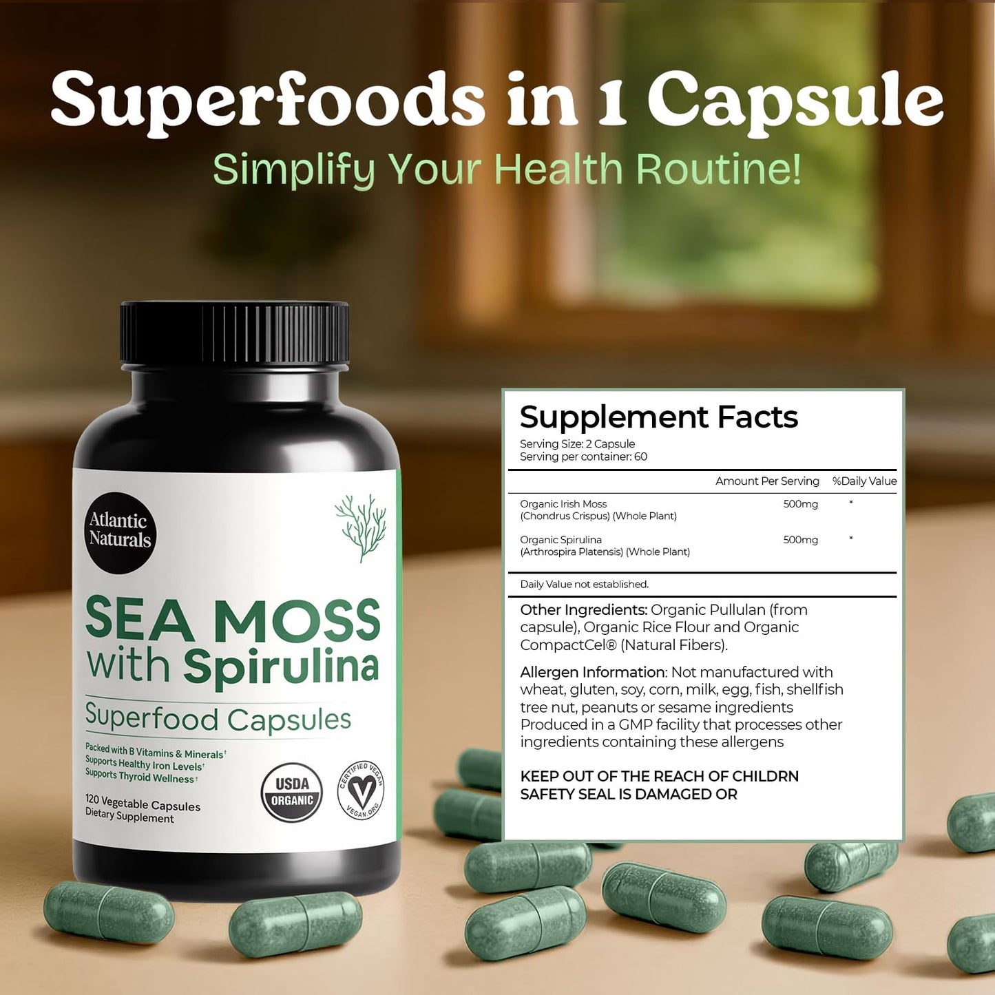 Atlantic Naturals Sea Moss with Spirulina Superfood Capsules - Multivitamin Supplement Supports Healthy Iron and Immune Health, Alternative to Seamoss Gel and Powder - dailyvitalstore