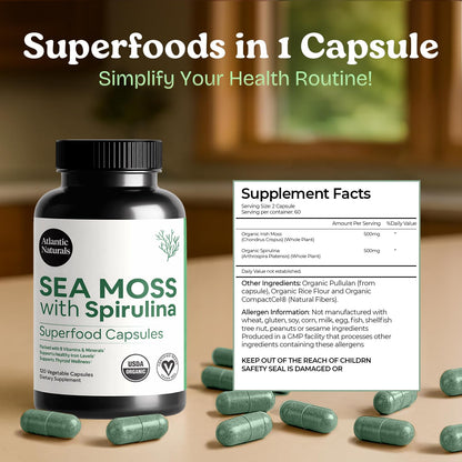 Atlantic Naturals Sea Moss with Spirulina Superfood Capsules - Multivitamin Supplement Supports Healthy Iron and Immune Health, Alternative to Seamoss Gel and Powder - dailyvitalstore
