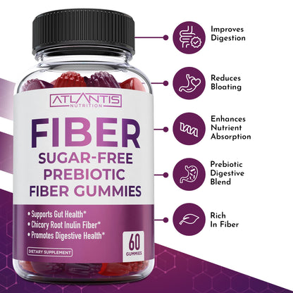 Atlantis Nutrition Sugar Free Fiber Gummies for Adults - 5G Fiber Supplement Formulated with 5.4G Prebiotic Digestive Blend/Serving - Supports Gut Health & Healthy Digestion - dailyvitalstore