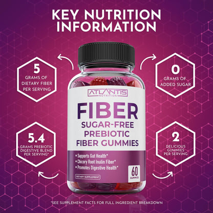 Atlantis Nutrition Sugar Free Fiber Gummies for Adults - 5G Fiber Supplement Formulated with 5.4G Prebiotic Digestive Blend/Serving - Supports Gut Health & Healthy Digestion - dailyvitalstore