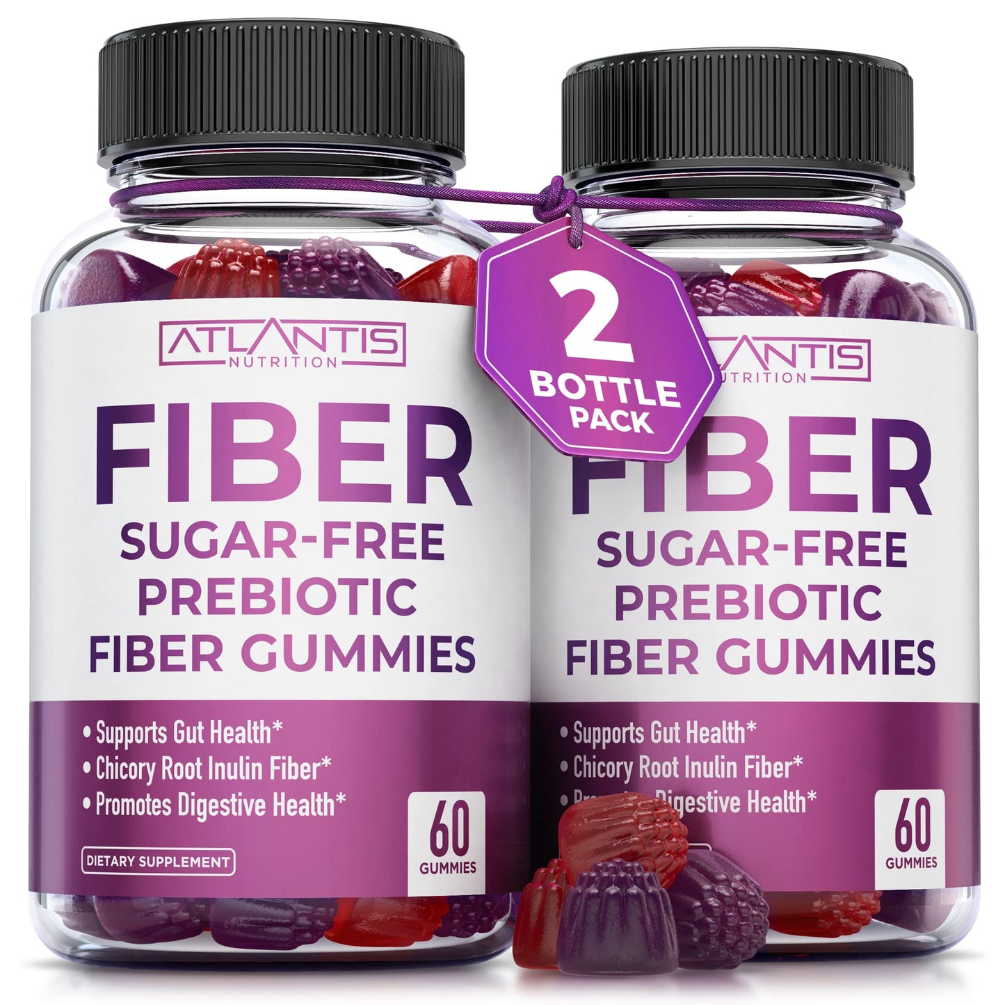 Atlantis Nutrition Sugar Free Fiber Gummies for Adults - 5G Fiber Supplement Formulated with 5.4G Prebiotic Digestive Blend/Serving - Supports Gut Health & Healthy Digestion - dailyvitalstore