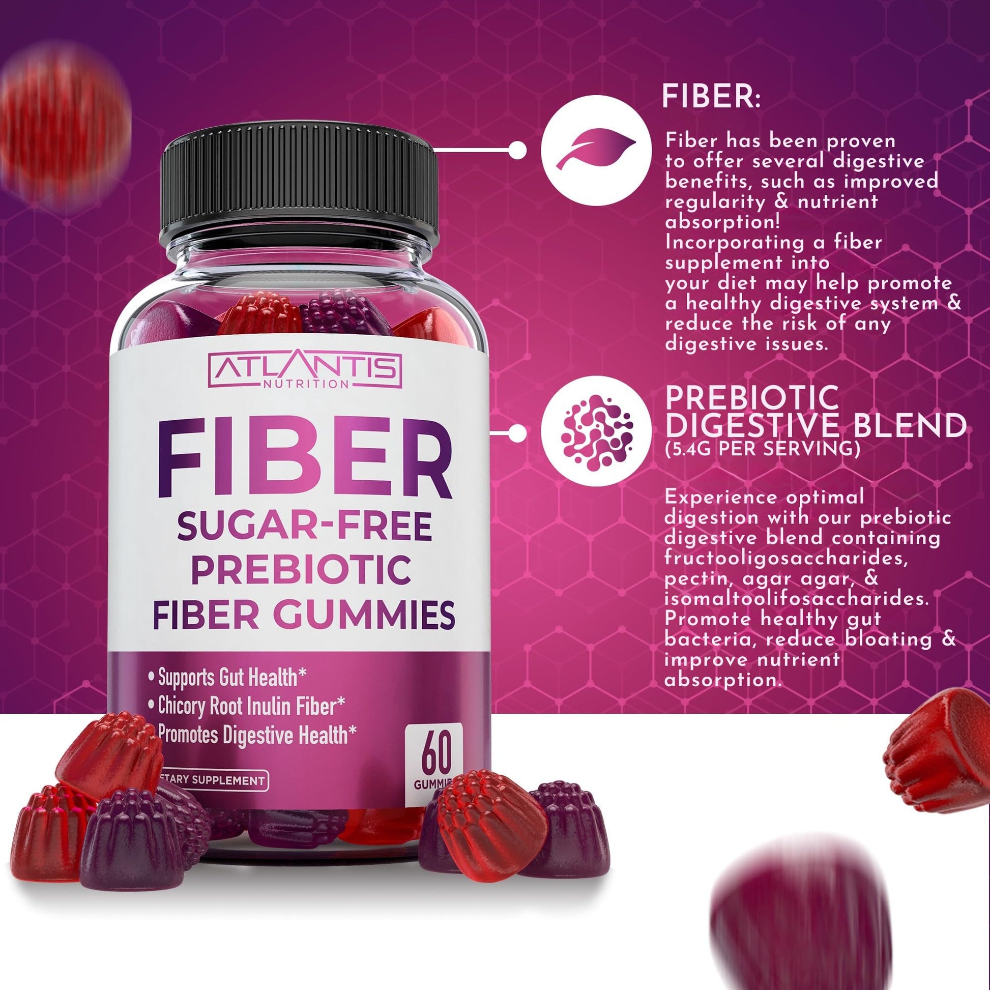 Atlantis Nutrition Sugar Free Fiber Gummies for Adults - 5G Fiber Supplement Formulated with 5.4G Prebiotic Digestive Blend/Serving - Supports Gut Health & Healthy Digestion - dailyvitalstore