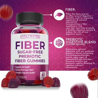 Atlantis Nutrition Sugar Free Fiber Gummies for Adults - 5G Fiber Supplement Formulated with 5.4G Prebiotic Digestive Blend/Serving - Supports Gut Health & Healthy Digestion - dailyvitalstore