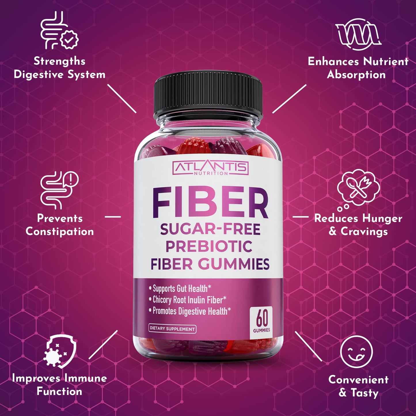 Atlantis Nutrition Sugar Free Fiber Gummies for Adults - 5G Fiber Supplement Formulated with 5.4G Prebiotic Digestive Blend/Serving - Supports Gut Health & Healthy Digestion - dailyvitalstore