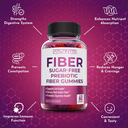 Atlantis Nutrition Sugar Free Fiber Gummies for Adults - 5G Fiber Supplement Formulated with 5.4G Prebiotic Digestive Blend/Serving - Supports Gut Health & Healthy Digestion - dailyvitalstore