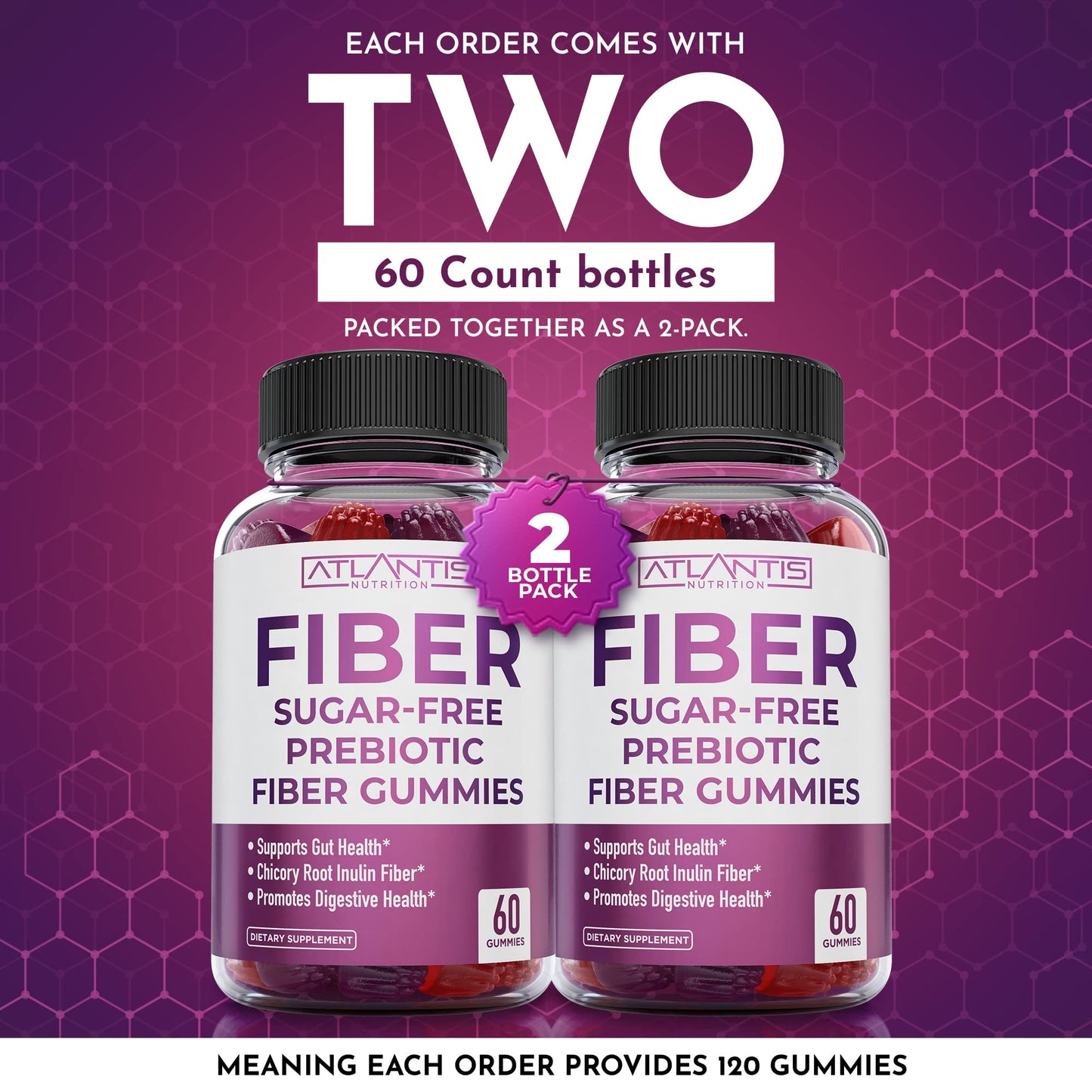 Atlantis Nutrition Sugar Free Fiber Gummies for Adults - 5G Fiber Supplement Formulated with 5.4G Prebiotic Digestive Blend/Serving - Supports Gut Health & Healthy Digestion - dailyvitalstore