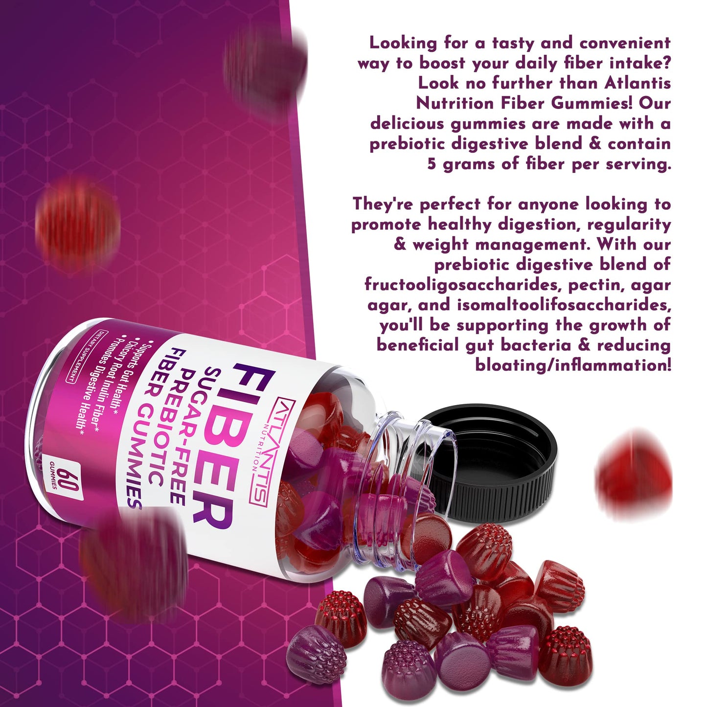Atlantis Nutrition Sugar Free Fiber Gummies for Adults - 5G Fiber Supplement Formulated with 5.4G Prebiotic Digestive Blend/Serving - Supports Gut Health & Healthy Digestion - dailyvitalstore