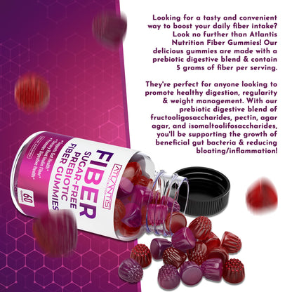 Atlantis Nutrition Sugar Free Fiber Gummies for Adults - 5G Fiber Supplement Formulated with 5.4G Prebiotic Digestive Blend/Serving - Supports Gut Health & Healthy Digestion - dailyvitalstore