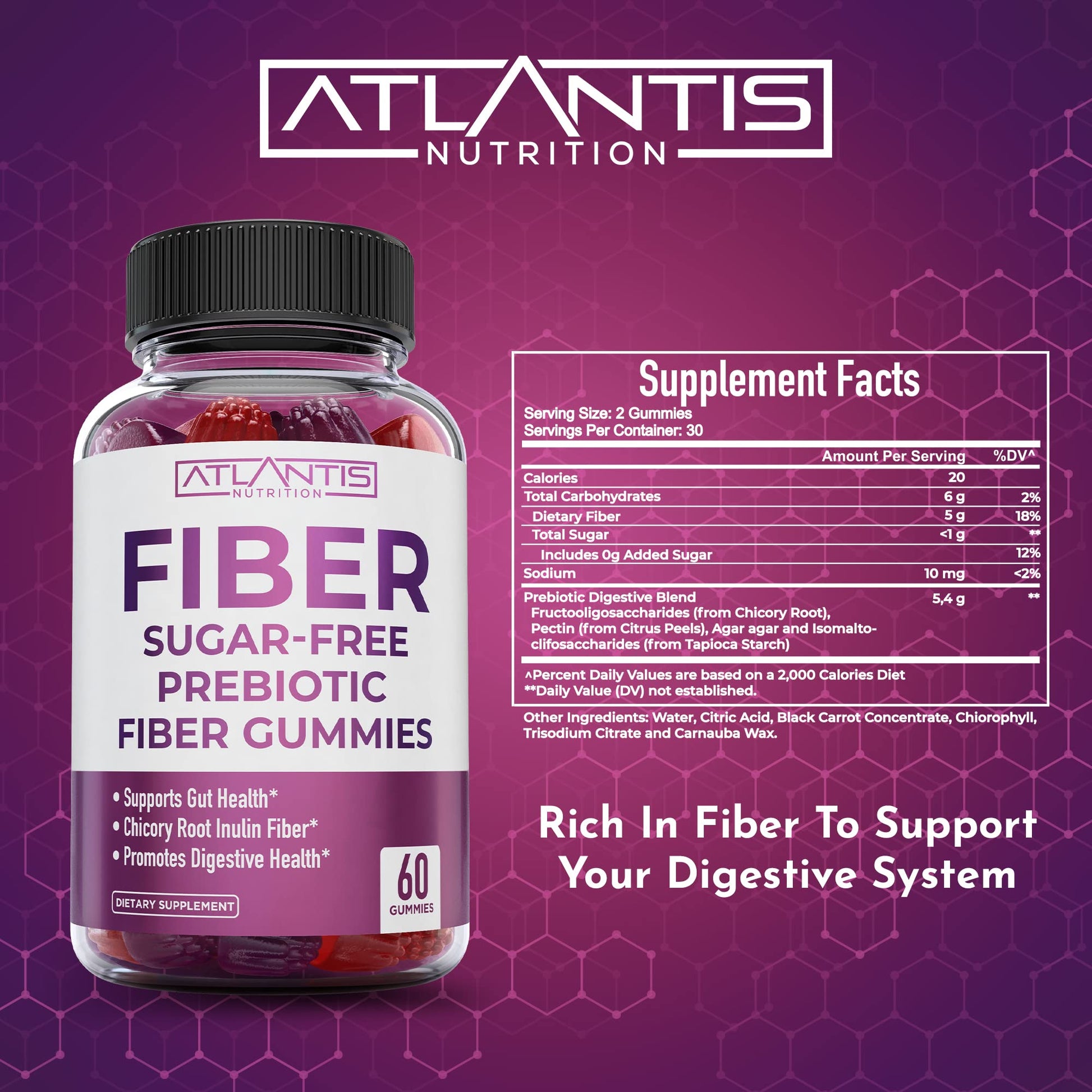 Atlantis Nutrition Sugar Free Fiber Gummies for Adults - 5G Fiber Supplement Formulated with 5.4G Prebiotic Digestive Blend/Serving - Supports Gut Health & Healthy Digestion - dailyvitalstore