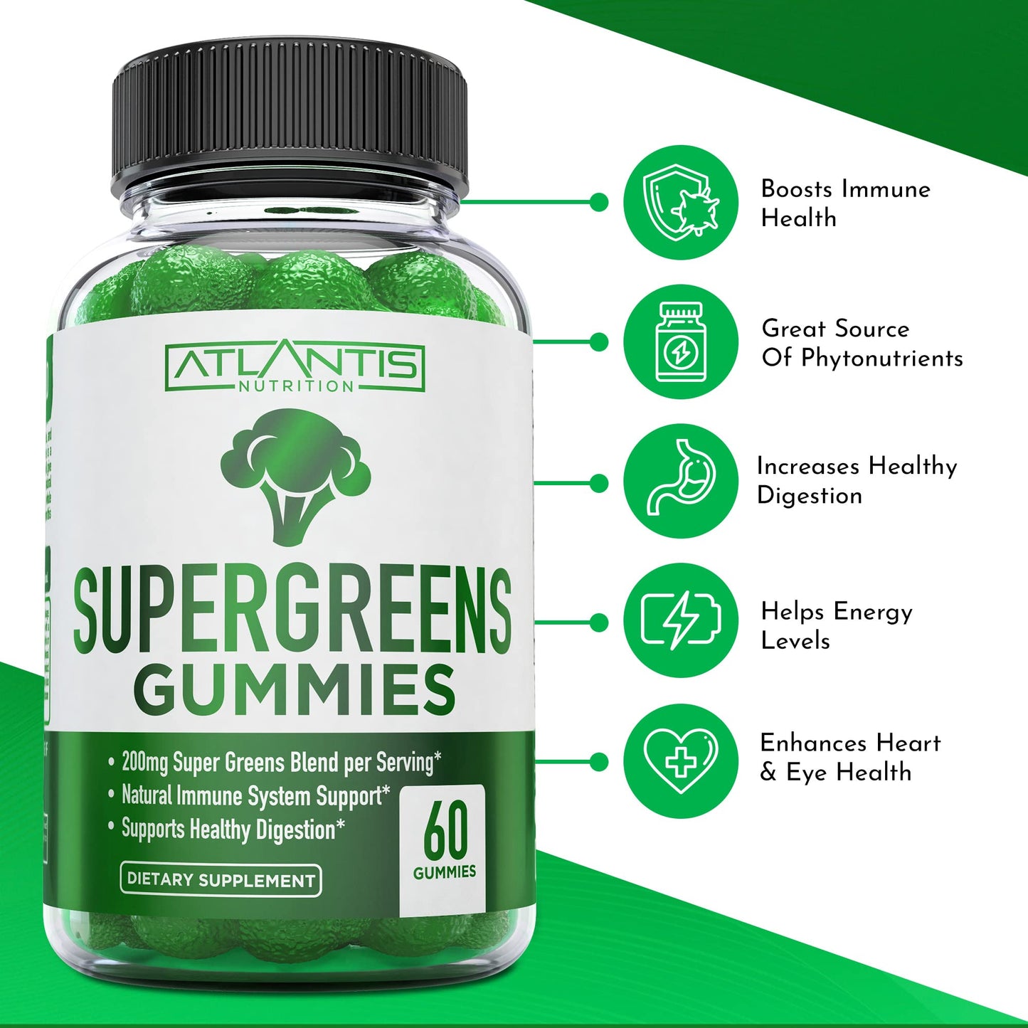 Atlantis Nutrition Supergreens Gummies - Daily Green Superfoods Supplement with Spinach, Broccoli, Moringa, Beet Root, Celery, Green Tea, & Acai for Immunity Support - Natural Raspberry Flavor, 60 cnt - dailyvitalstore