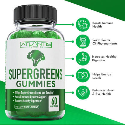 Atlantis Nutrition Supergreens Gummies - Daily Green Superfoods Supplement with Spinach, Broccoli, Moringa, Beet Root, Celery, Green Tea, & Acai for Immunity Support - Natural Raspberry Flavor, 60 cnt - dailyvitalstore