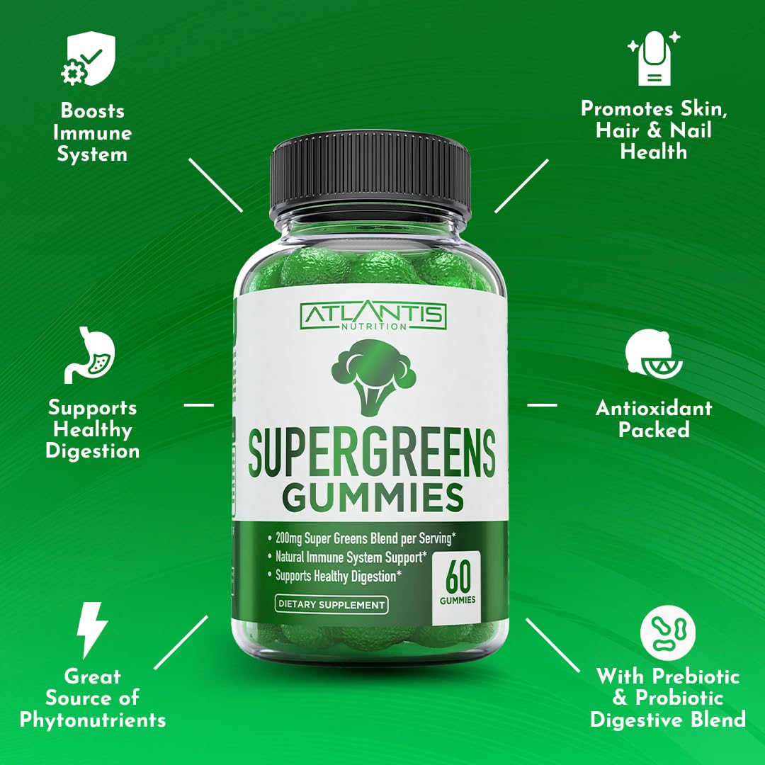 Atlantis Nutrition Supergreens Gummies - Daily Green Superfoods Supplement with Spinach, Broccoli, Moringa, Beet Root, Celery, Green Tea, & Acai for Immunity Support - Natural Raspberry Flavor, 60 cnt - dailyvitalstore