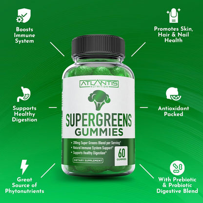 Atlantis Nutrition Supergreens Gummies - Daily Green Superfoods Supplement with Spinach, Broccoli, Moringa, Beet Root, Celery, Green Tea, & Acai for Immunity Support - Natural Raspberry Flavor, 60 cnt - dailyvitalstore