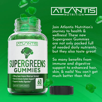 Atlantis Nutrition Supergreens Gummies - Daily Green Superfoods Supplement with Spinach, Broccoli, Moringa, Beet Root, Celery, Green Tea, & Acai for Immunity Support - Natural Raspberry Flavor, 60 cnt - dailyvitalstore