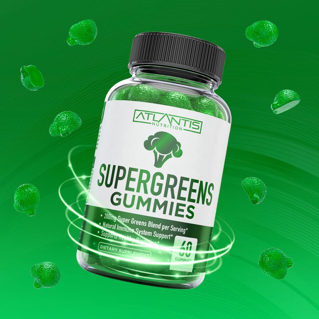 Atlantis Nutrition Supergreens Gummies - Daily Green Superfoods Supplement with Spinach, Broccoli, Moringa, Beet Root, Celery, Green Tea, & Acai for Immunity Support - Natural Raspberry Flavor, 60 cnt - dailyvitalstore