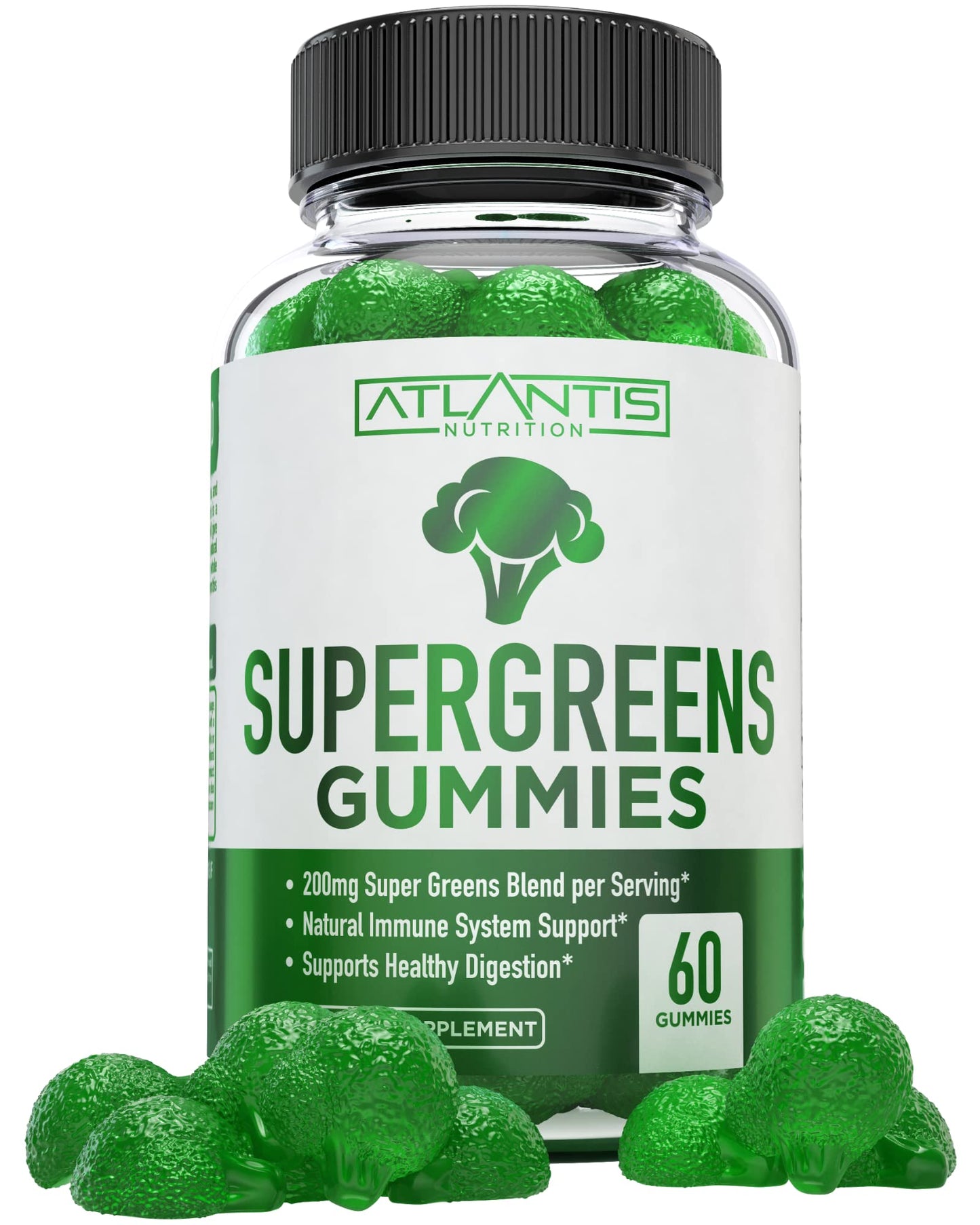 Atlantis Nutrition Supergreens Gummies - Daily Green Superfoods Supplement with Spinach, Broccoli, Moringa, Beet Root, Celery, Green Tea, & Acai for Immunity Support - Natural Raspberry Flavor, 60 cnt - dailyvitalstore