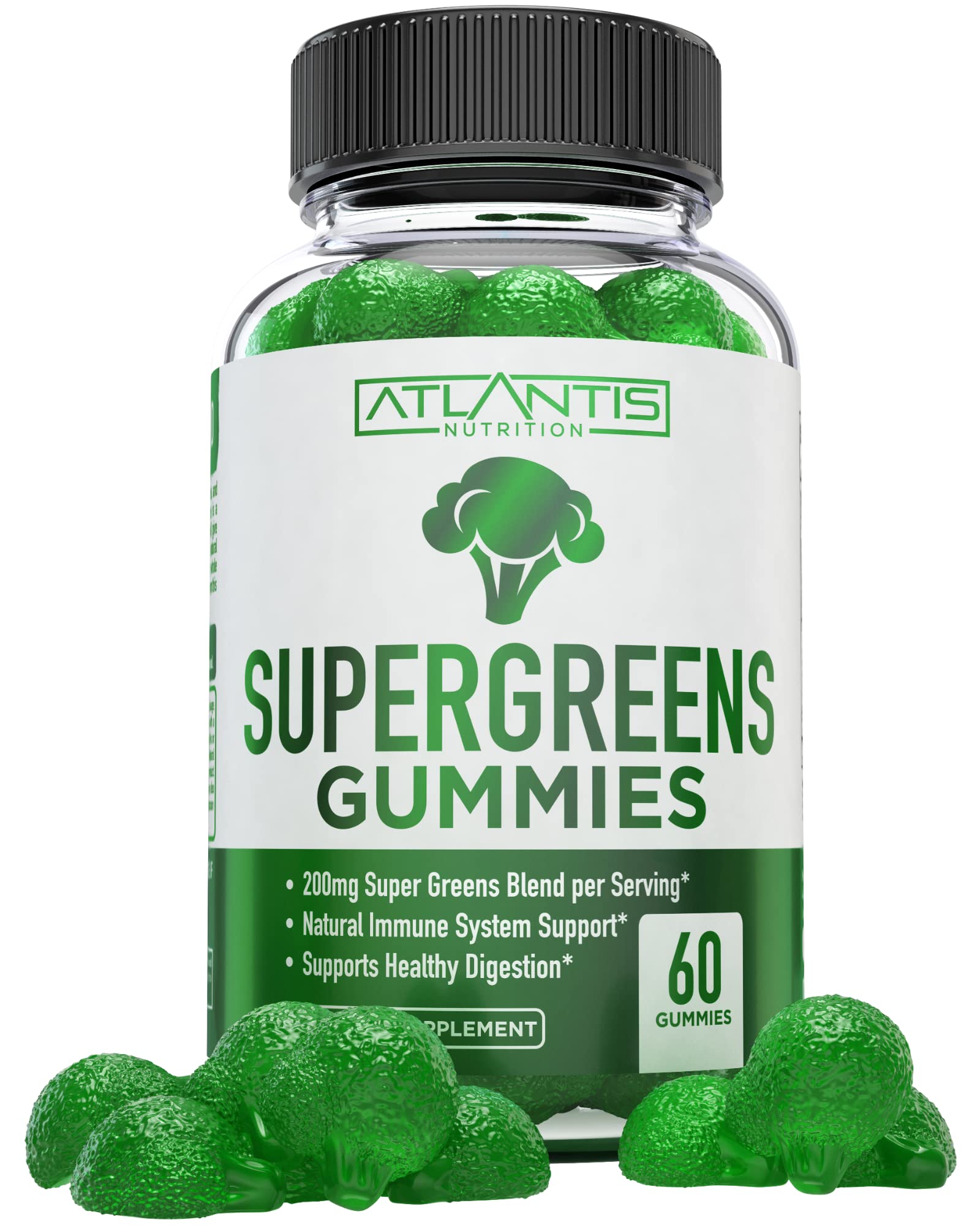 Atlantis Nutrition Supergreens Gummies - Daily Green Superfoods Supplement with Spinach, Broccoli, Moringa, Beet Root, Celery, Green Tea, & Acai for Immunity Support - Natural Raspberry Flavor, 60 cnt - dailyvitalstore