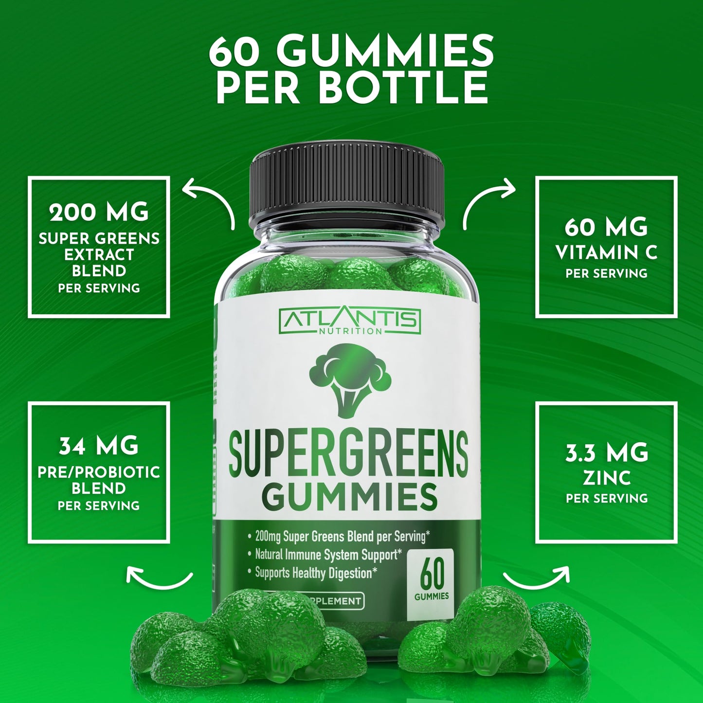 Atlantis Nutrition Supergreens Gummies - Daily Green Superfoods Supplement with Spinach, Broccoli, Moringa, Beet Root, Celery, Green Tea, & Acai for Immunity Support - Natural Raspberry Flavor, 60 cnt - dailyvitalstore