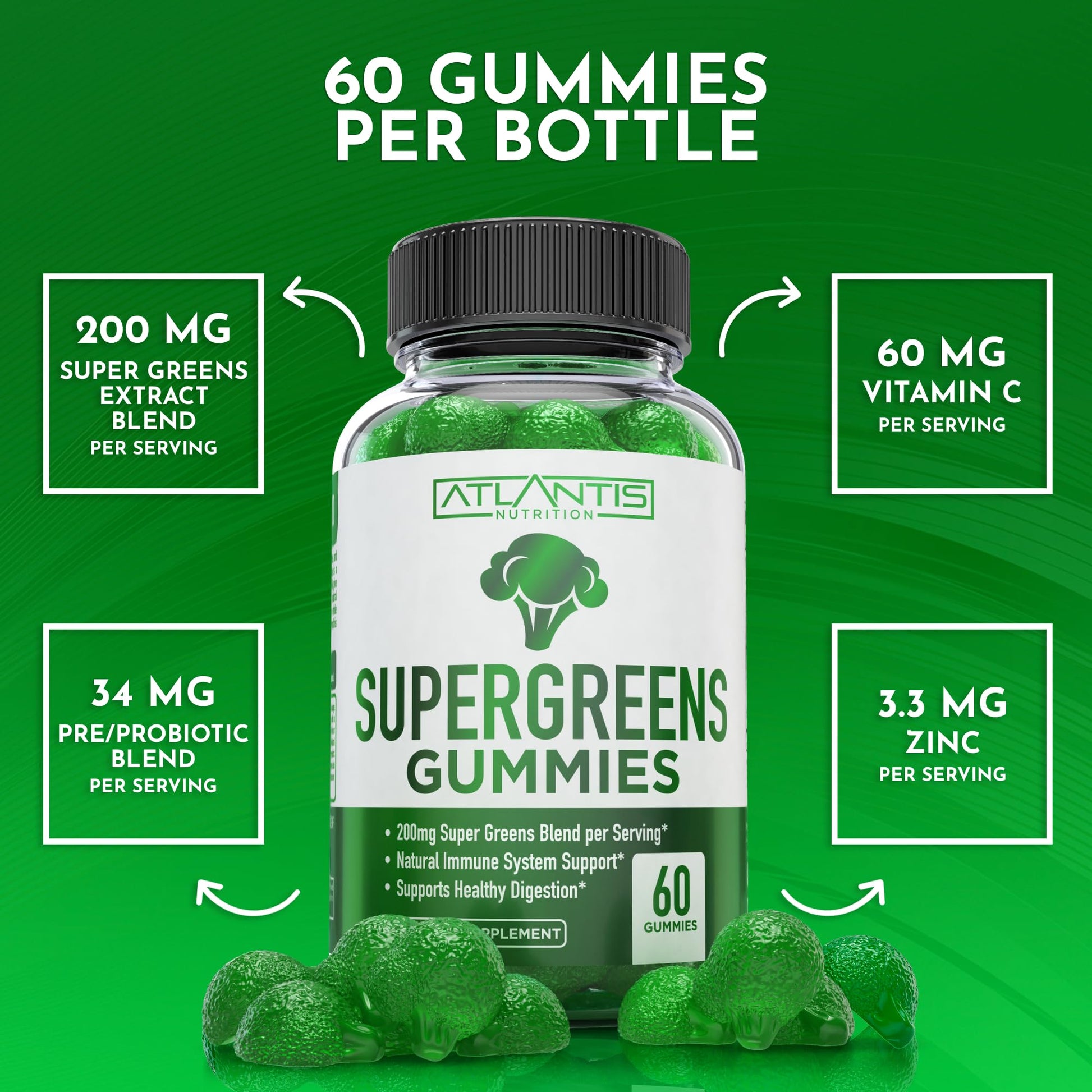 Atlantis Nutrition Supergreens Gummies - Daily Green Superfoods Supplement with Spinach, Broccoli, Moringa, Beet Root, Celery, Green Tea, & Acai for Immunity Support - Natural Raspberry Flavor, 60 cnt - dailyvitalstore