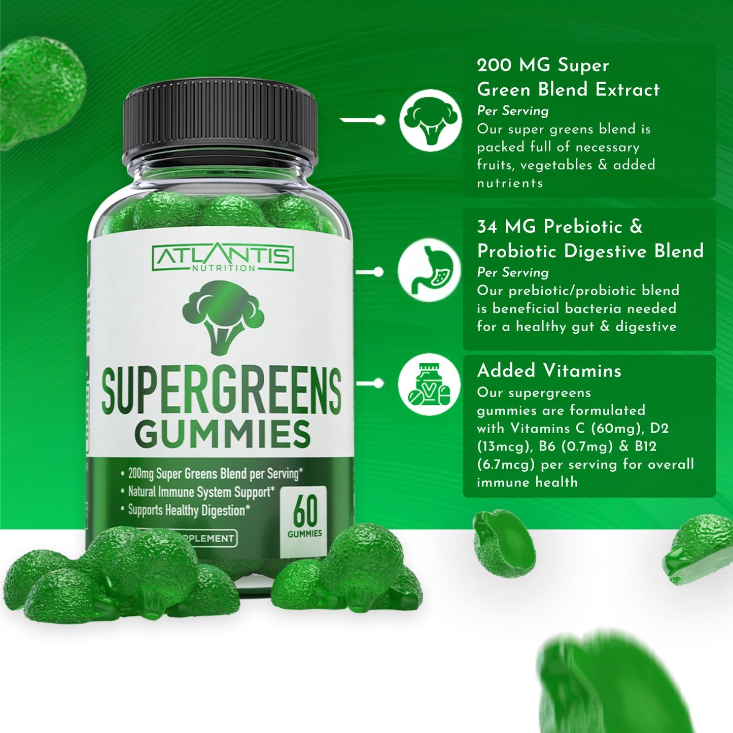 Atlantis Nutrition Supergreens Gummies - Daily Green Superfoods Supplement with Spinach, Broccoli, Moringa, Beet Root, Celery, Green Tea, & Acai for Immunity Support - Natural Raspberry Flavor, 60 cnt - dailyvitalstore