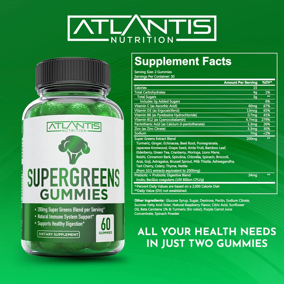 Atlantis Nutrition Supergreens Gummies - Daily Green Superfoods Supplement with Spinach, Broccoli, Moringa, Beet Root, Celery, Green Tea, & Acai for Immunity Support - Natural Raspberry Flavor, 60 cnt - dailyvitalstore