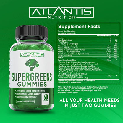 Atlantis Nutrition Supergreens Gummies - Daily Green Superfoods Supplement with Spinach, Broccoli, Moringa, Beet Root, Celery, Green Tea, & Acai for Immunity Support - Natural Raspberry Flavor, 60 cnt - dailyvitalstore